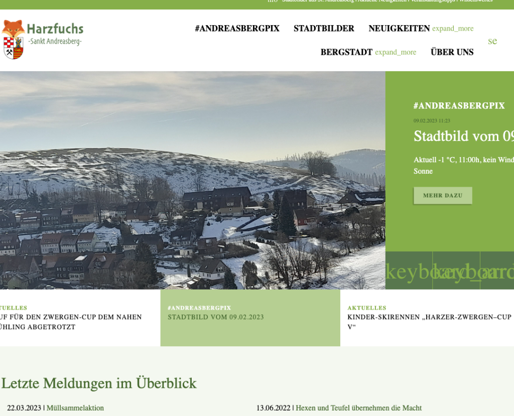 Harzfuchs-Website aus dem Jahr 2023 mit Stadtbildern und News